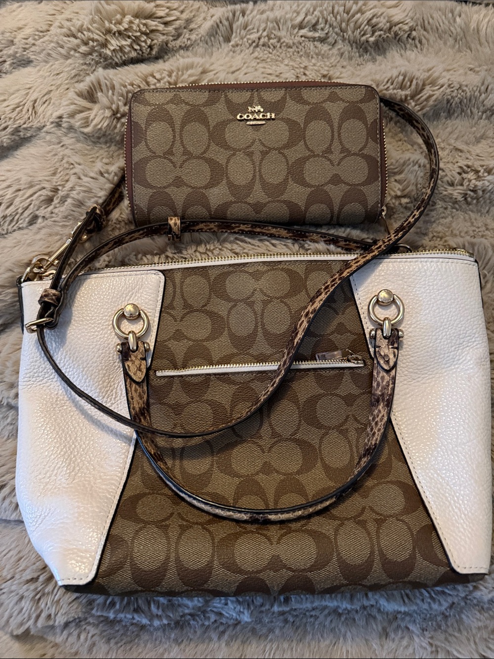 Coach Brown Signature Canvas Tote with White Leather Accents